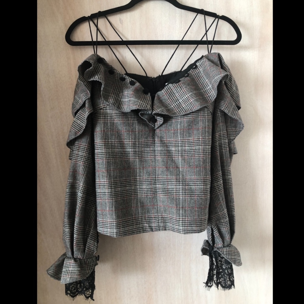 Self-Portrait Grey Glen Plaid Off-Shoulder Ruffle Blouse with Black Lace Trim